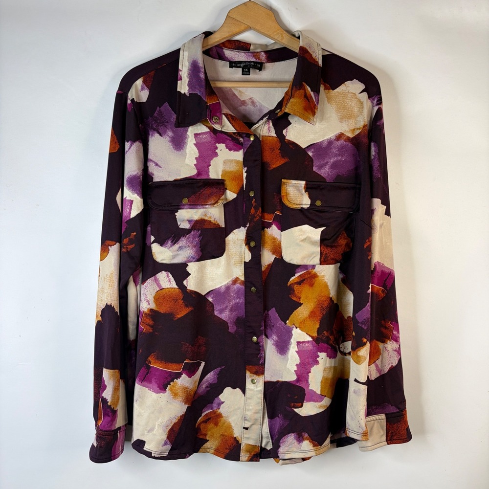 Thomas & Olivia Button Down Shirt Womens 3X Purple Abstract Snap Front Pockets